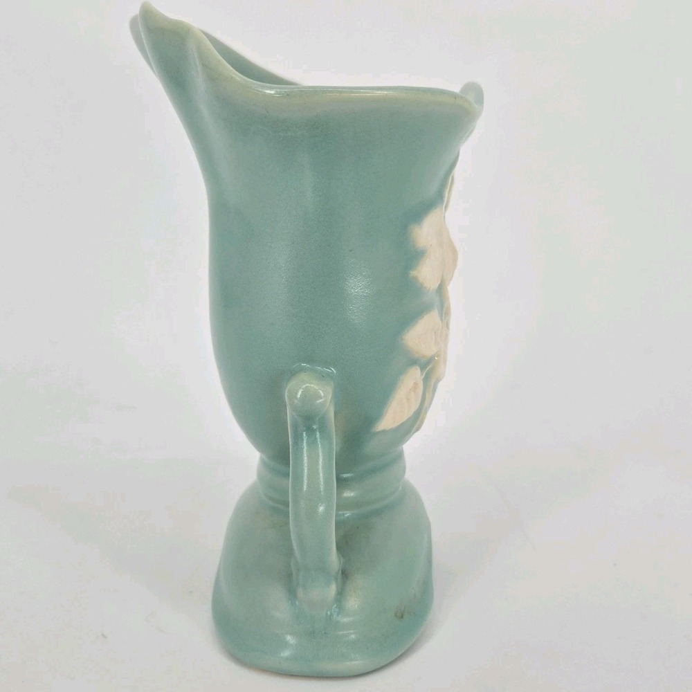 Vintage Weller Cameo Rose Vase Aqua Green White Floral Double Handle 7 In Deco - Picture 11 of 11